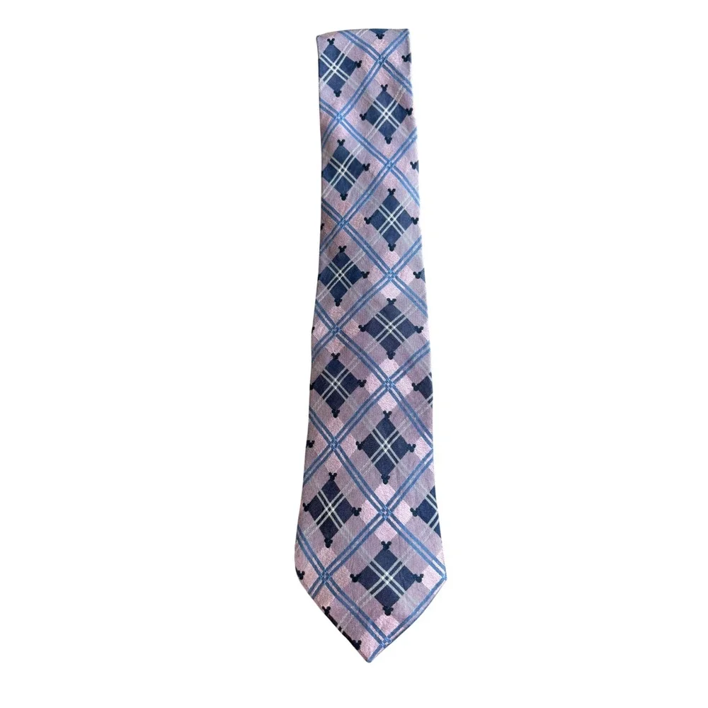 Disney Parks Mens Silk Tie Mickey Mouse Plaid Purple Navy Blue Woven Necktie